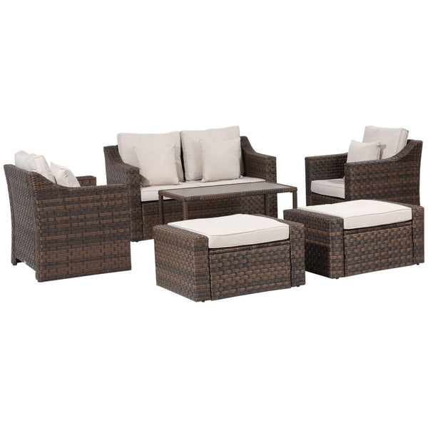 acquista Salon de jardin canapé 2 fauteuils table basse et 2 poufs en rotin marron