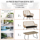 Set Salotto da Giardino Divano 2 Poltrone e Tavolino in Rattan Naturale e Poliestere Nero