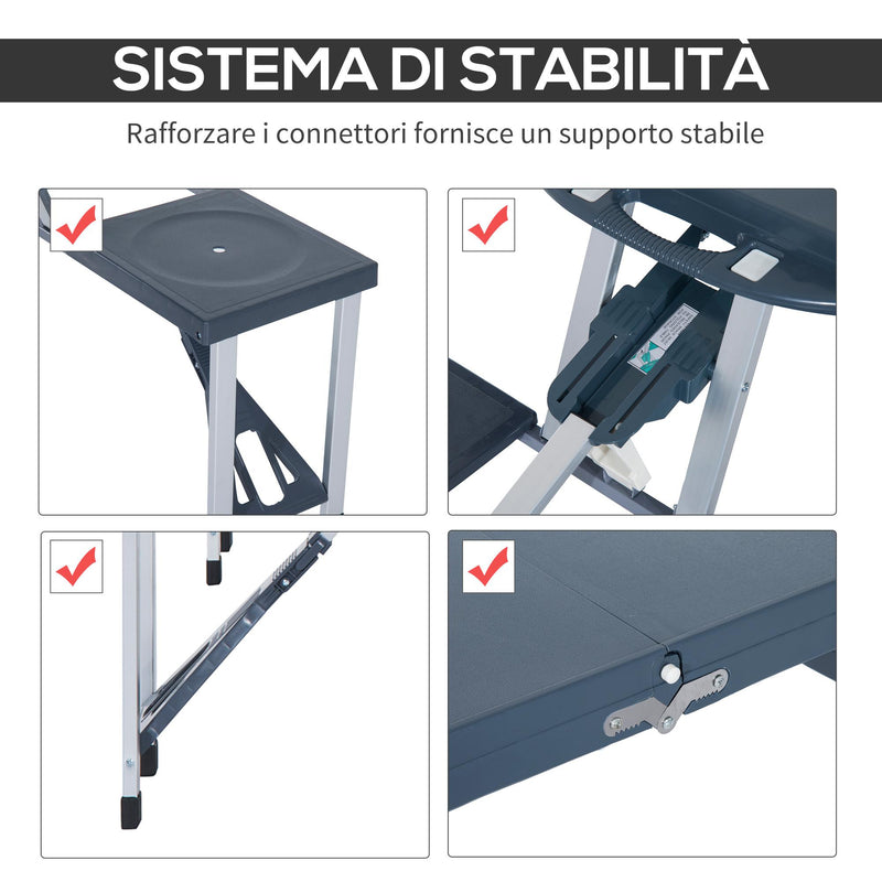 Set Campeggio Tavolino Pieghevole 4 Sedie in Alluminio e Plastica Grigio