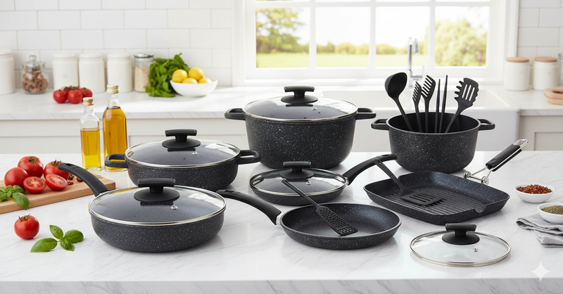 Batteria di Pentole 18 Pezzi in Alluminio Pressofuso Antiaderente Olympia Hard Cook