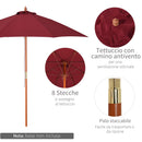 Ombrellone da Giardino Ø2,57 m Palo Ø38 mm in Legno e Poliestere Rosso