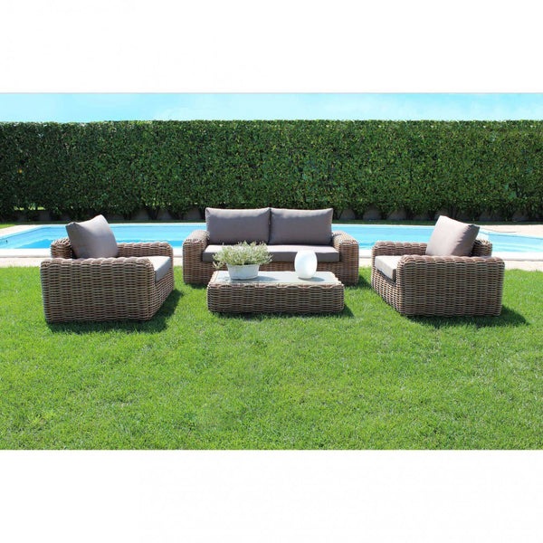sconto Salon de jardin canapé 2 fauteuils et table basse avec coussins en aluminium marron