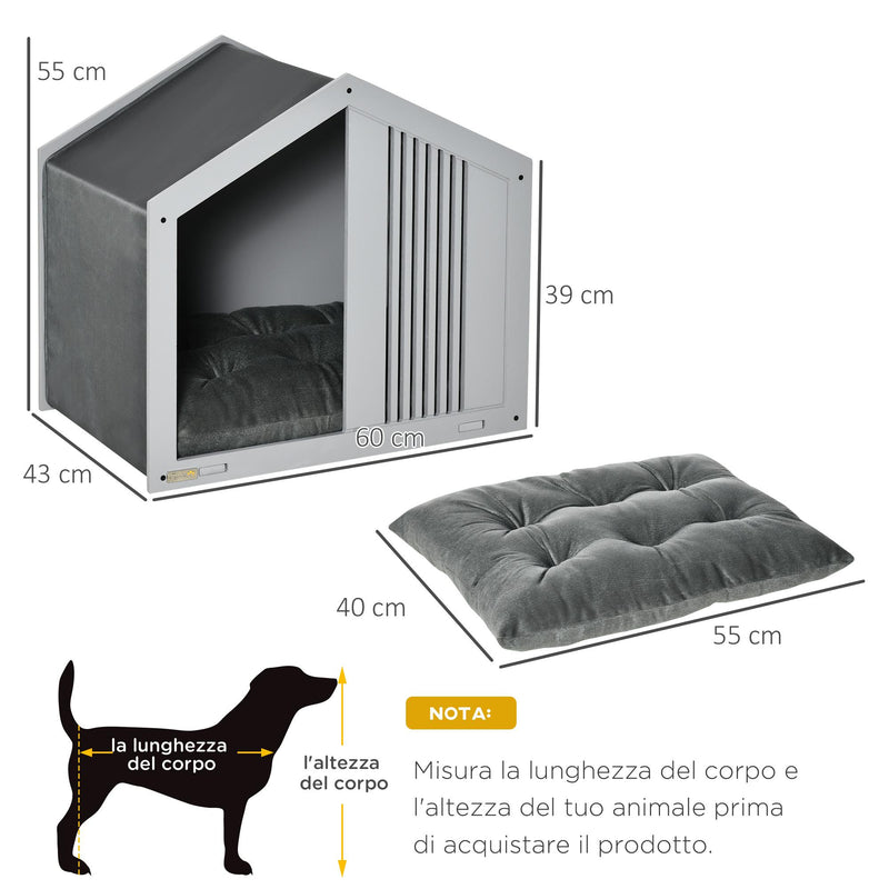 Cuccia per Cani a Casetta 60x43x55 cm in Truciolare e Poliestere Grigio