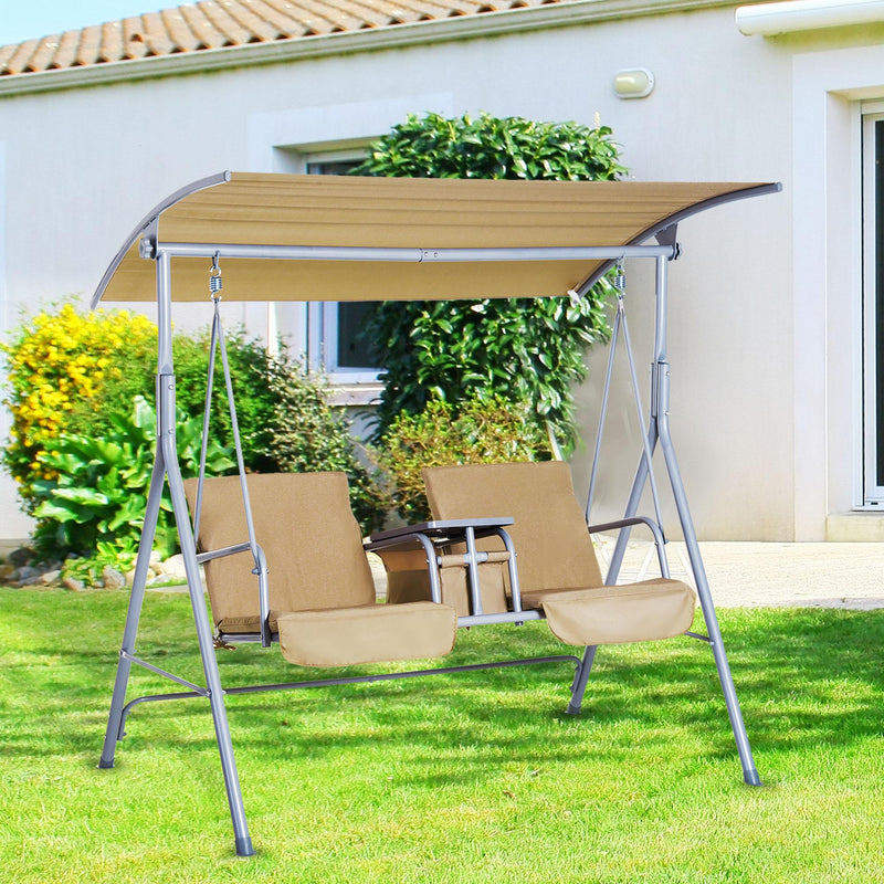Dondolo 2 Posti da Giardino 175x112x165 cm in con Tavolino in Metallo e Poliestere Beige
