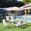 Set Tavolo 6 Sedie e Ombrellone da Giardino in Metallo e Poliestere Bianco