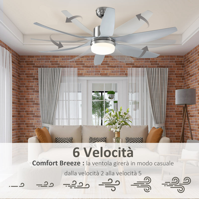 Ventilatore da Soffitto 6 Pale e Lampada LED Ø132x40 cm 6 Velocità Argento