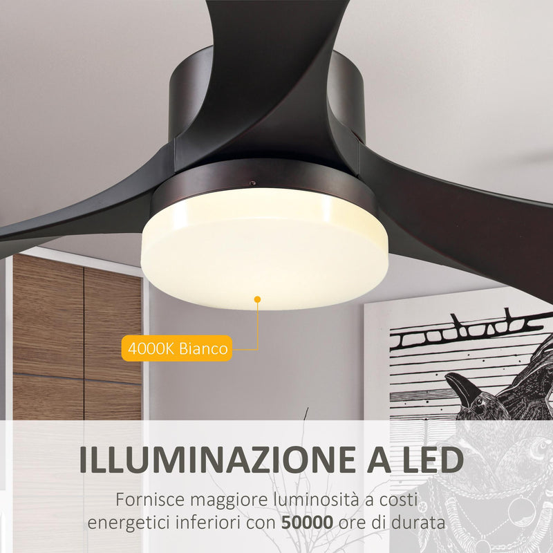 Ventilatore da Soffitto 3 Pale e Lampada LED Ø132x43 cm 6 Velocità Marrone