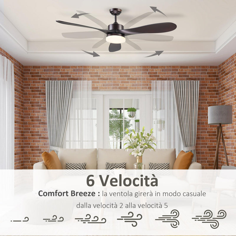 Ventilatore da Soffitto 3 Pale e Lampada LED Ø132x43 cm 6 Velocità Marrone