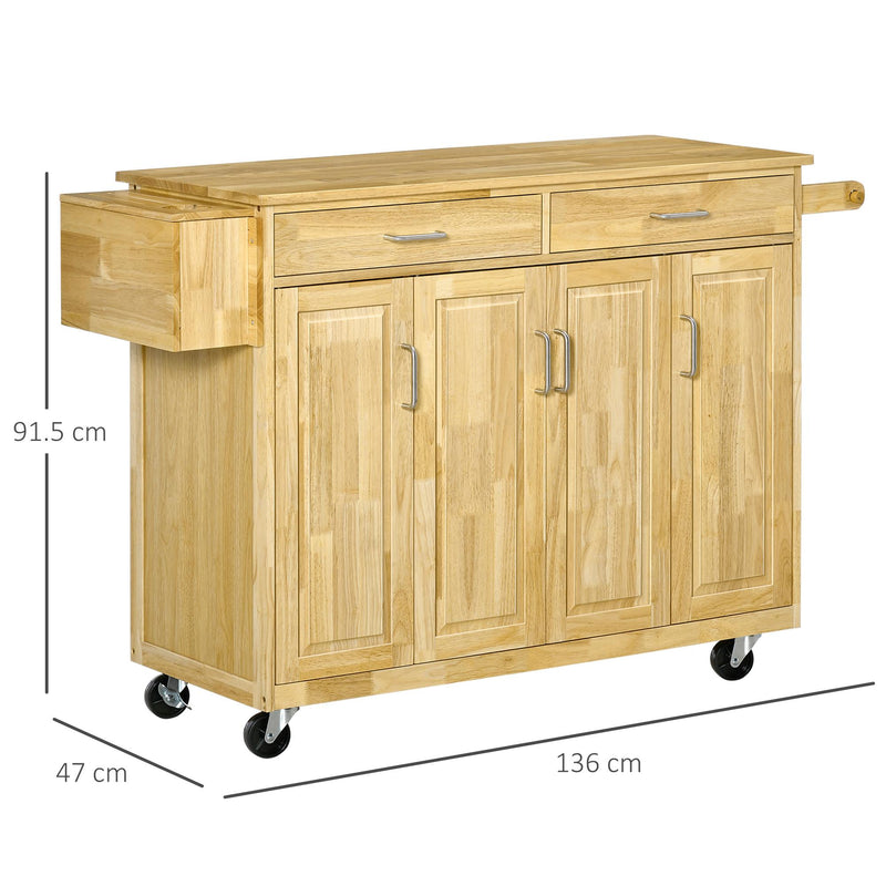 Carrello da Cucina 2 Cassetti 4 Ante 136x47x91,5 cm con Ruote in Legno Naturale