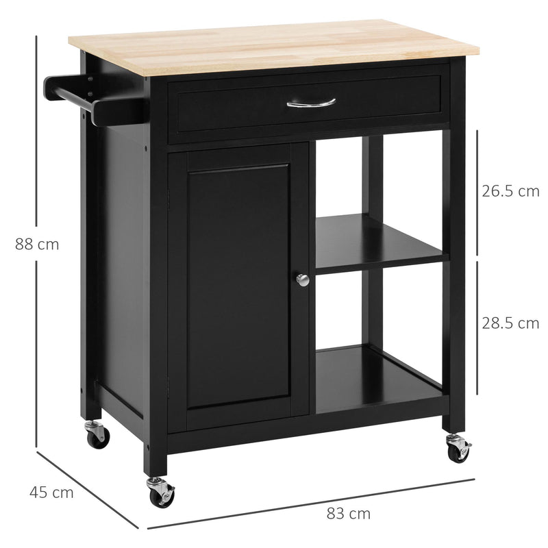 Carrello da Cucina 83x45x88 cm 1 Cassetto 1 Armadietto 2 Ripiani in MDF e Acciaio Nero