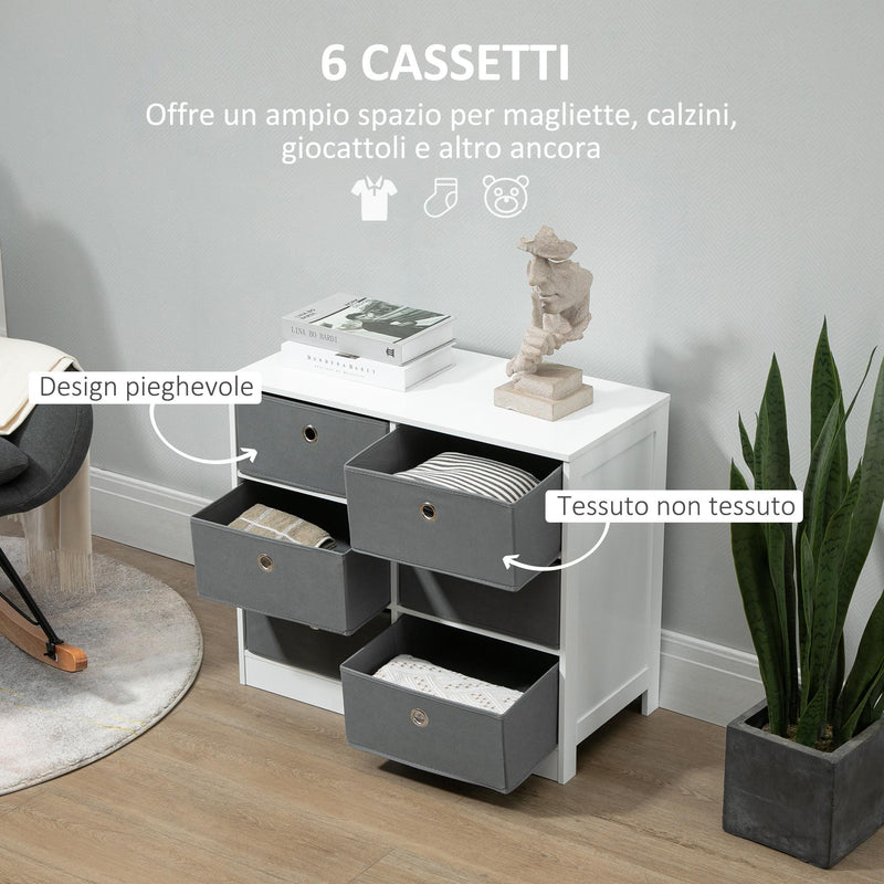 Cassettiera 72x35x62 cm 6 Cassetti in Tessuto Non Tessuto e MDF Bianco e Grigio
