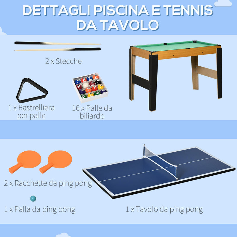 Tavolo Multi Gioco 4 in 1 107x61x84,5 cm Calcio Balilla Biliardo Ping Pong e Hockey