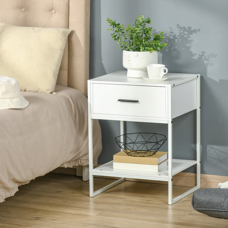 Comodino 1 Cassetto 1 Ripiano 45x40x60 cm in Acciaio e Truciolato Bianco