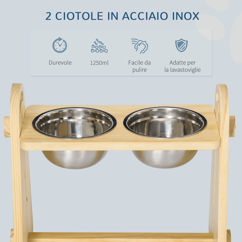 Ciotole per Cani Rialzate 49x25x41 cm in Acciaio e Legno Naturale