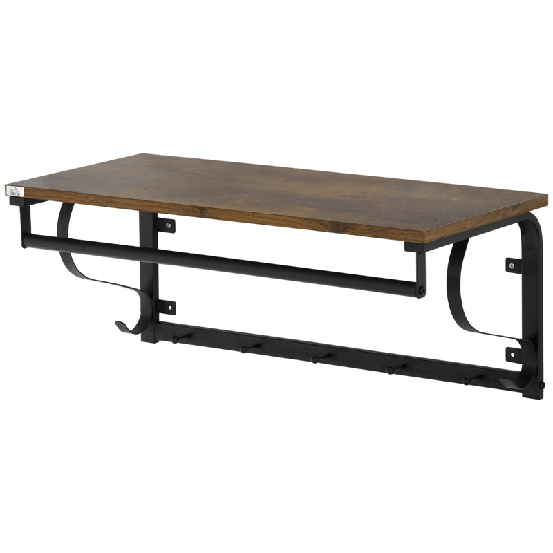 Mensola da Parete 66x30x27 cm con 7 Ganci e Asta in Acciaio e Truciolato Marrone