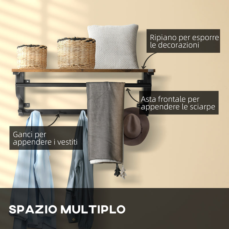 Mensola da Parete 66x30x27 cm con 7 Ganci e Asta in Acciaio e Truciolato Marrone