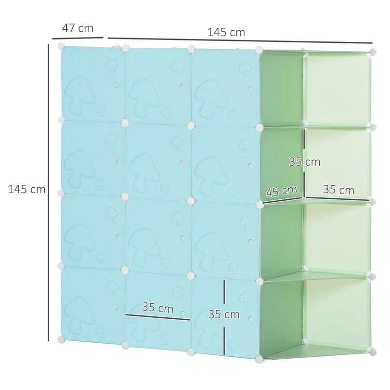Scarpiera Modulare 145x47x145 cm 16 Cubi in Acciaio Verde e Azzurro