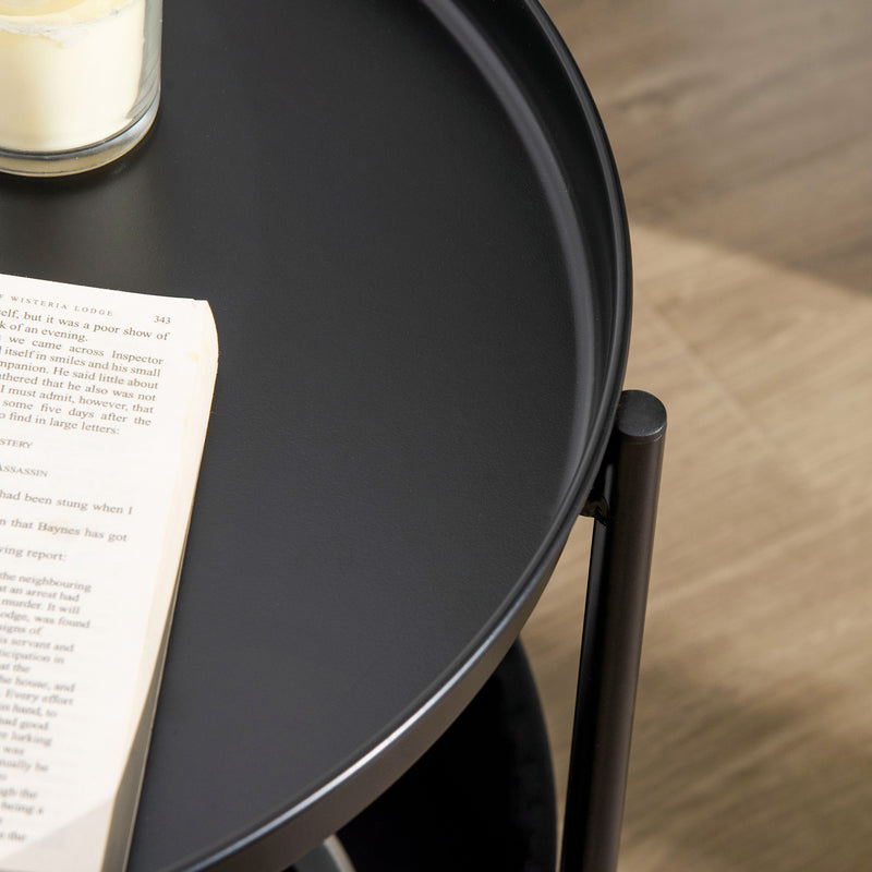 Tavolino da Caffè Ø46x48 cm in Acciaio con Cestino in Tessuto Nero