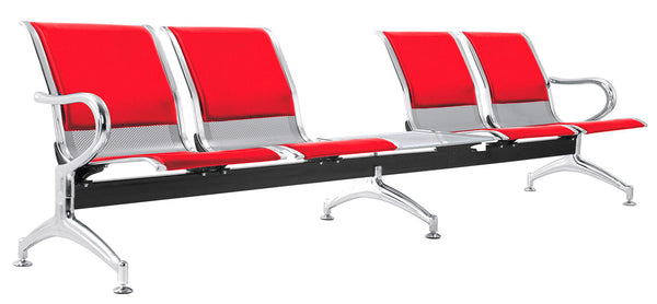 Panca per Sala Attesa 4 Posti da Ufficio con Cuscino e Tavolino in Acciaio e Similpelle Argento/Rosso sconto