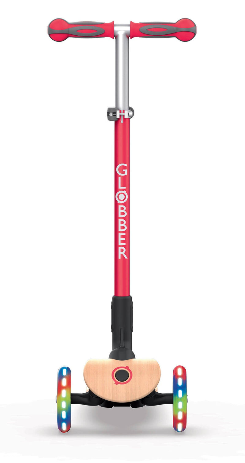 Monopattino 3 Ruote a LED Pieghevole 3 Altezze Max 50 Kg Globber Primo Foldable Wood Rosso