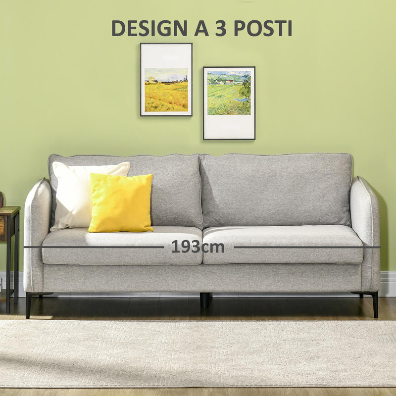 Divano 3 Posti 193x78x71 cm in Tessuto Poliestere Grigio
