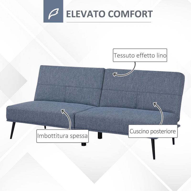 Divano Letto Singolo 180x80x81 cm in Tessuto Effetto Lino Azzurro e Nero