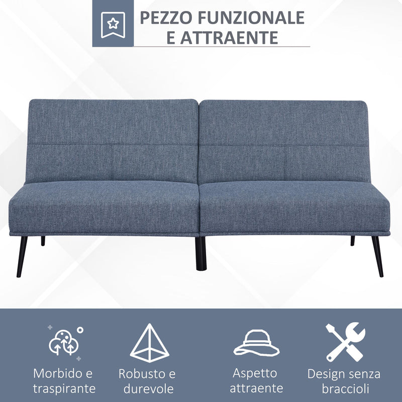 Divano Letto Singolo 180x80x81 cm in Tessuto Effetto Lino Azzurro e Nero