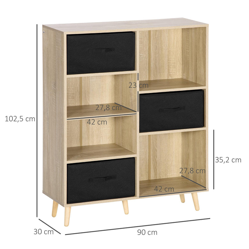 Libreria 4 Ripiani 3 Cassetti 90x30x102,5 cm in Legno e  Tessuto
