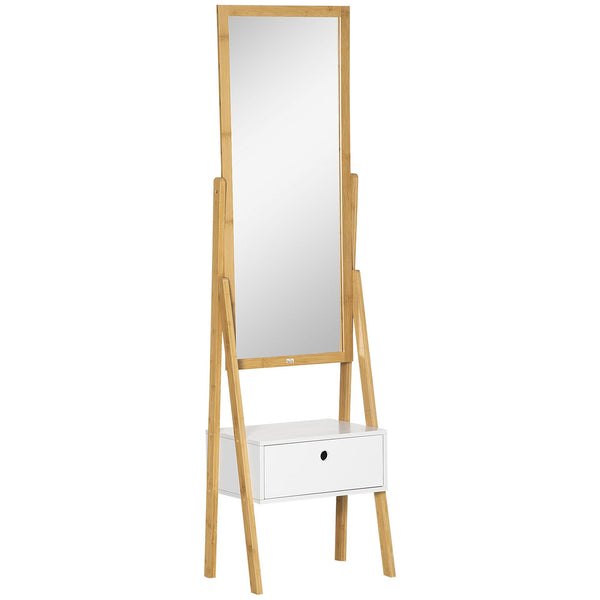 Miroir sur pied 45x30x160 cm avec tiroir en MDF et bambou en couleur blanc et bois sconto