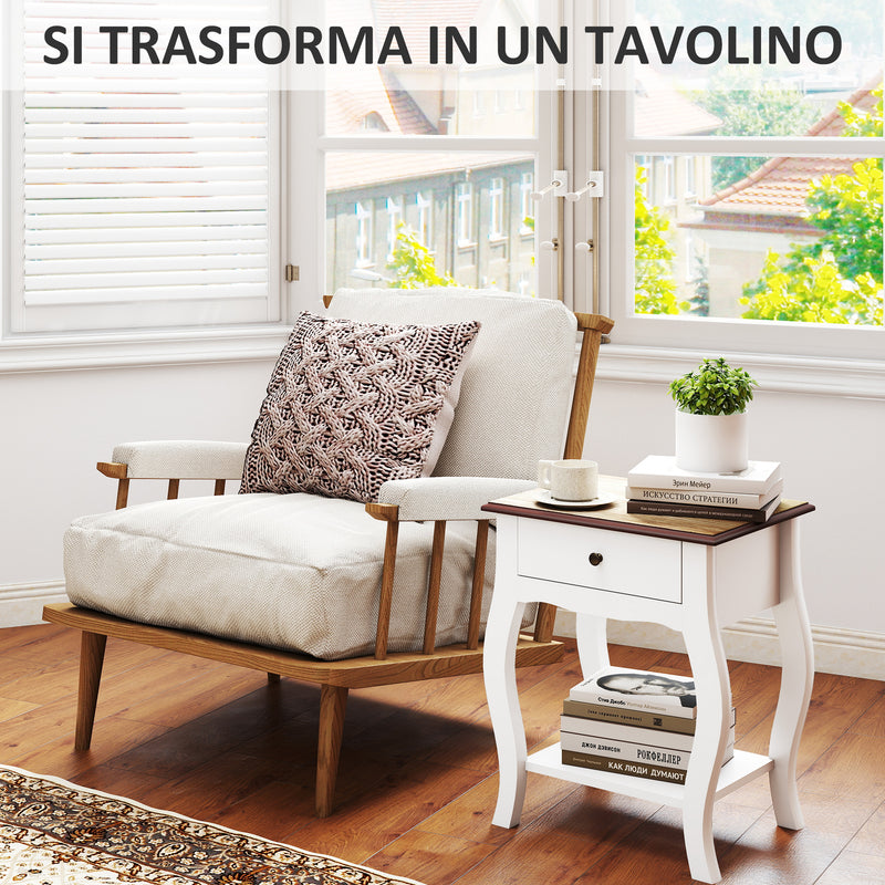 Comodino in Stile Francese con Cassetto 45x35x55 cm in MDF Bianco e Rovere   