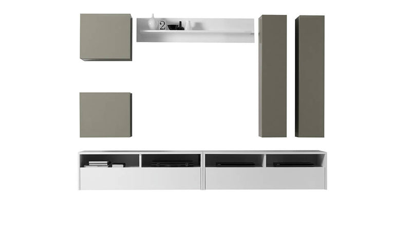 Parete Attrezzata Mobili Salotto con 4 Mobili Sospesi 2 Mobili Tv 1 Mensola 278x41x205cm TFT  Boost Bianco e Beige