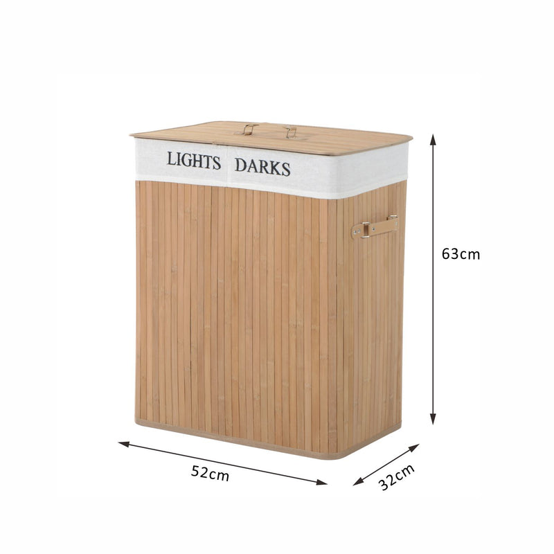 Cesta Portabiancheria 52x32x63 cm in Bambù con Coperchio e Fodera Rimovibile