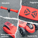 Monopattino a 3 Ruote per Bambini 54,7x32,5x59-69 cm con Ruote Luminose Rosso