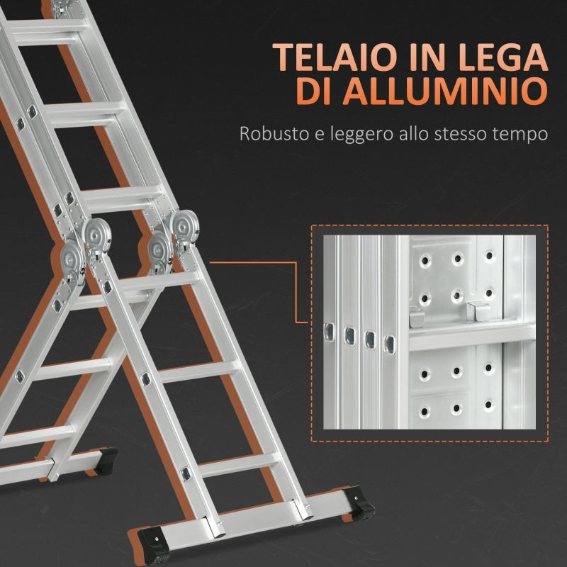 Scala Telescopica a 5 Posizioni con 2 Piattaforme di Sicurezza 339x76x10 cm in Alluminio Argento