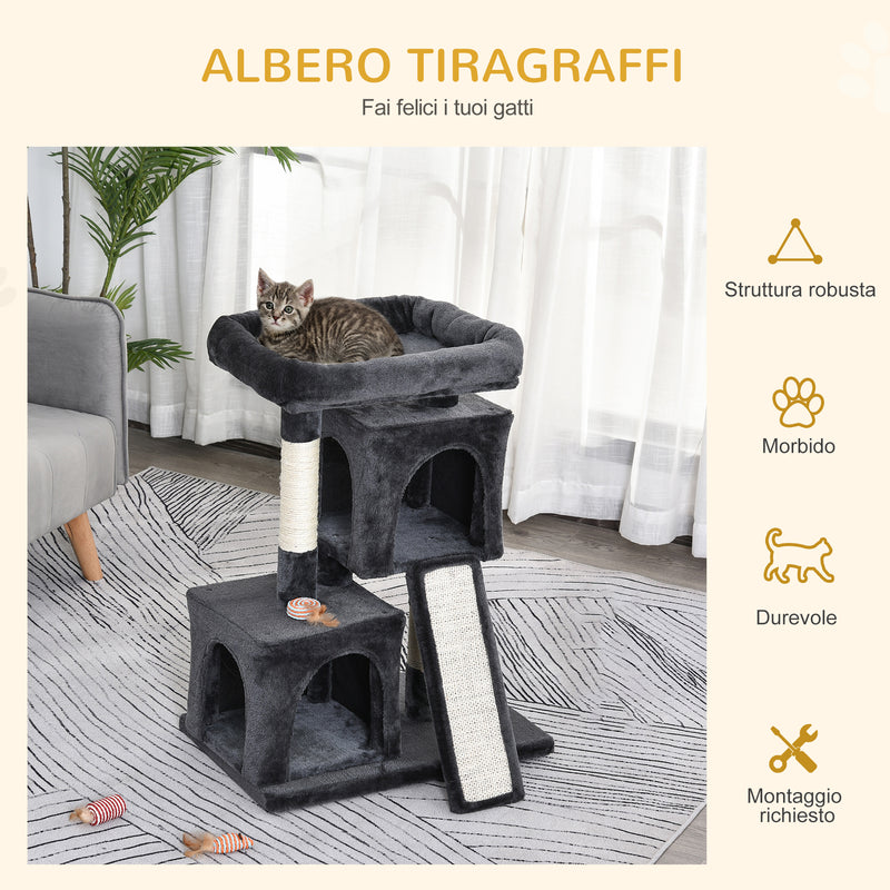 Albero Tiragraffi con Lettino e 2 Casette 59x39x83 cm Pali in Sisal Nero