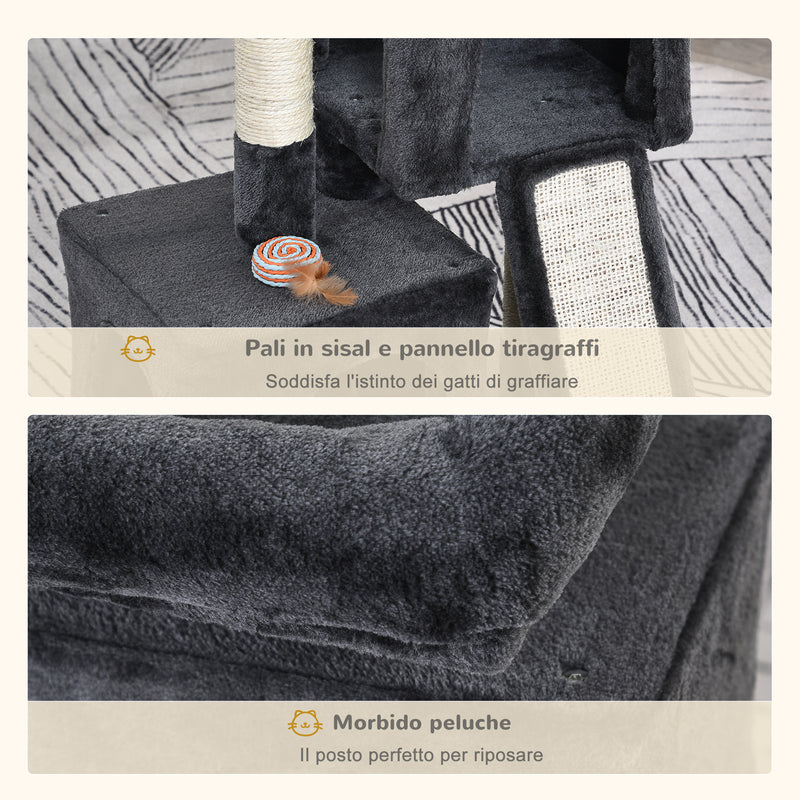 Albero Tiragraffi con Lettino e 2 Casette 59x39x83 cm Pali in Sisal Nero