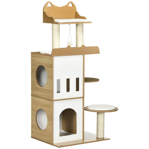 Albero per Gatti con Tiragraffi 60x48x133 cm 2 Casette Posatoi e Pallina Gioco in MDF Peluche e Sisal Rovere e bianco acquista