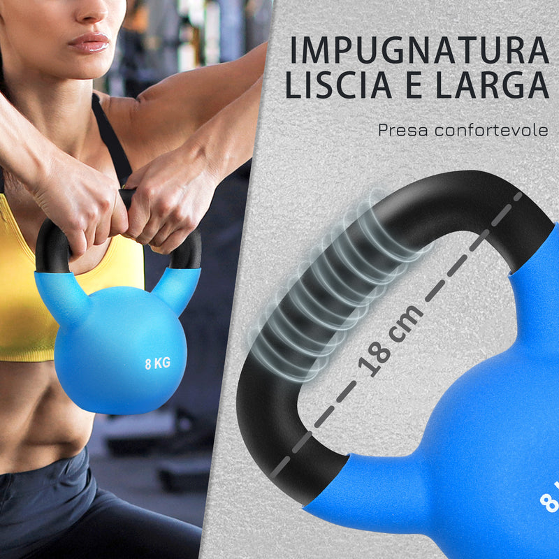 Kettlebell per Allenamento 8 Kg Base Piatta in Metallo e Neoprene Blu