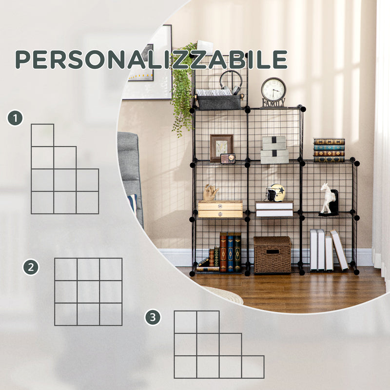 Libreria a 9 Cubi in Rete 35x35x35 cm con Pannelli in Acciaio e Polipropilene Nero