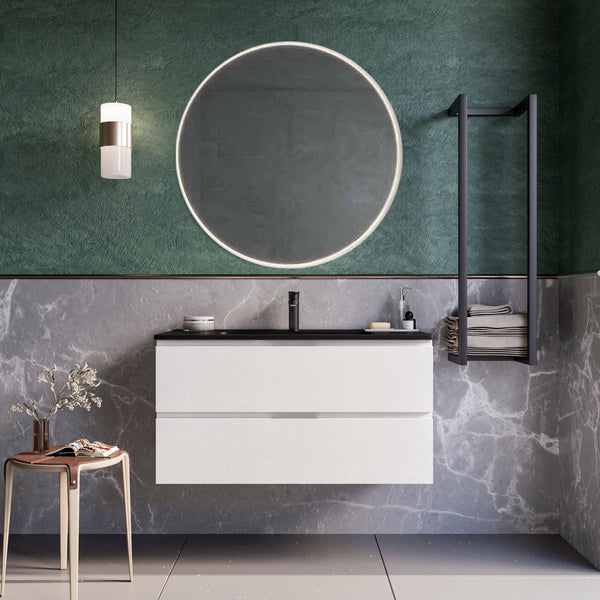 acquista Mobile bagno sospeso 80 cm Bianco lavabo nero opaco Seattle con Specchio Bonussi