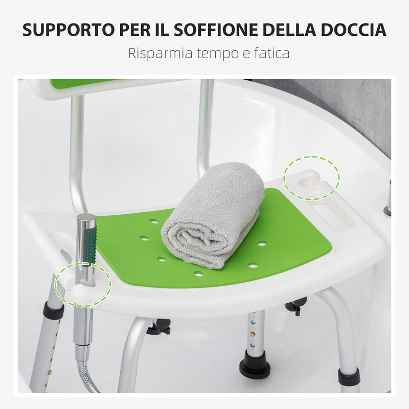 Sedia per Doccia 51,5x49,5x68,5-81 cm Altezza Regolabile su 6 Livelli e Schienale Ricurvo in Alluminio ed EVA Verde e Bianco