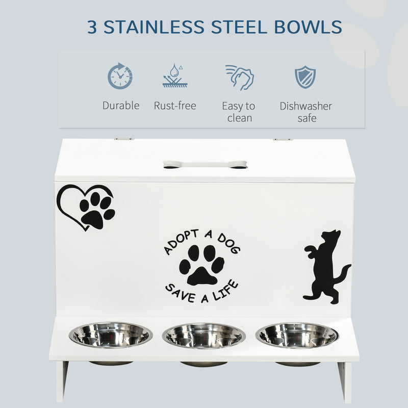 Set 3 Ciotole per Cani 500 ml 57x53x37,5 cm  in MDF e Acciaio Inox Bianco