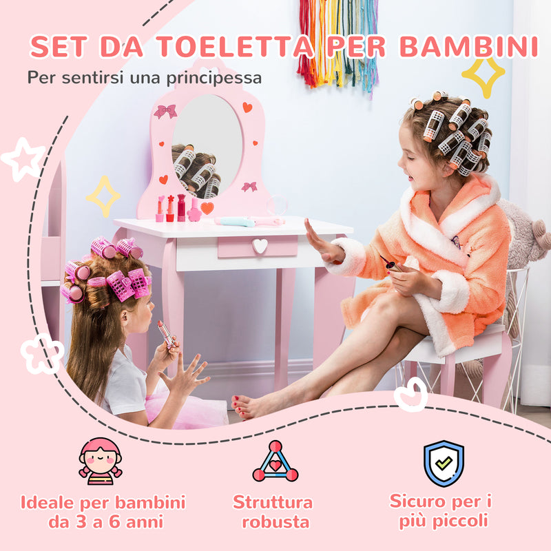 Specchiera Giocattolo per Bambini 50x36,5x89,5 cm con Sgabello in MDF Bianco e Rosa