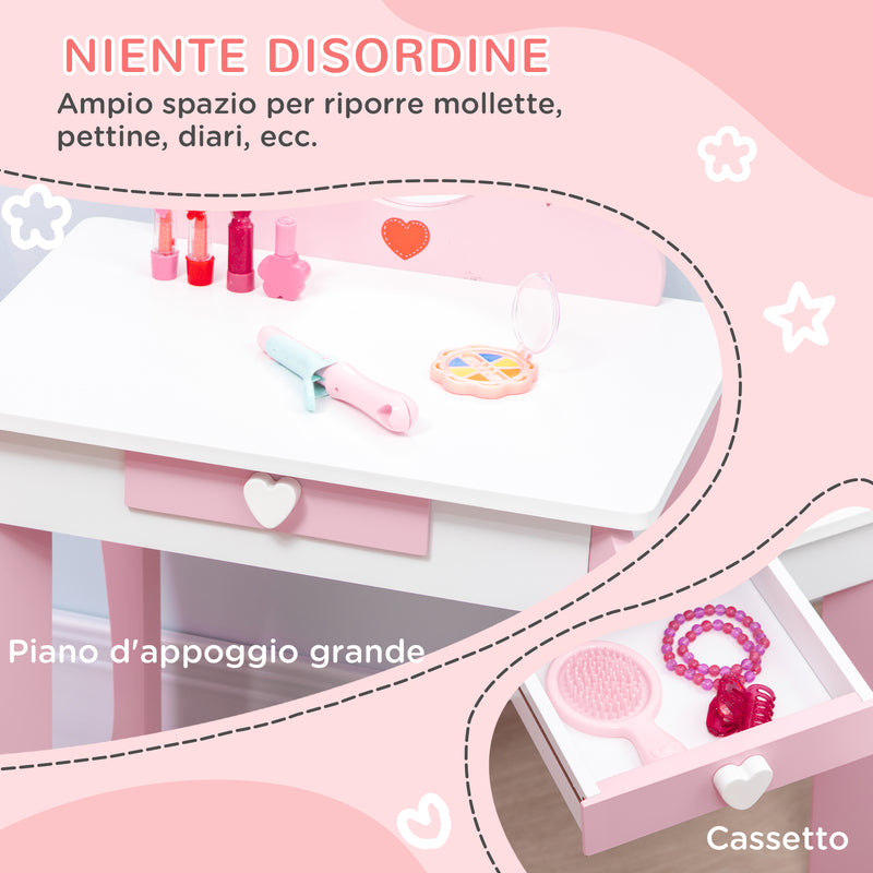 Specchiera Giocattolo per Bambini 50x36,5x89,5 cm con Sgabello in MDF Bianco e Rosa