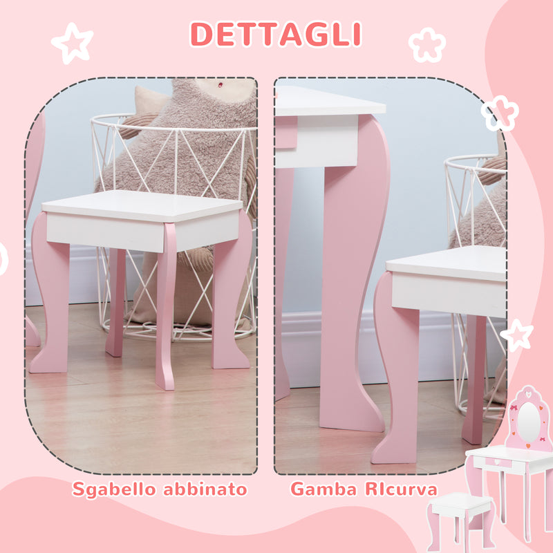 Specchiera Giocattolo per Bambini 50x36,5x89,5 cm con Sgabello in MDF Bianco e Rosa