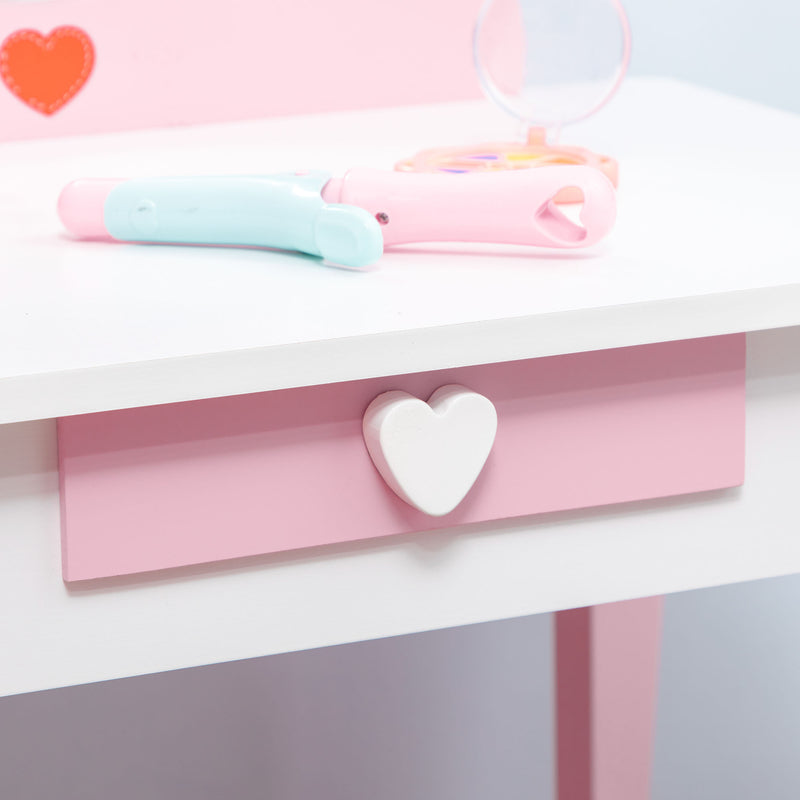 Specchiera Giocattolo per Bambini 50x36,5x89,5 cm con Sgabello in MDF Bianco e Rosa