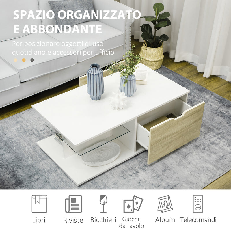 Tavolino da Caffè  106x58x39 cm con Cassetti e Ripiano in Vetro in Truciolato Bianco