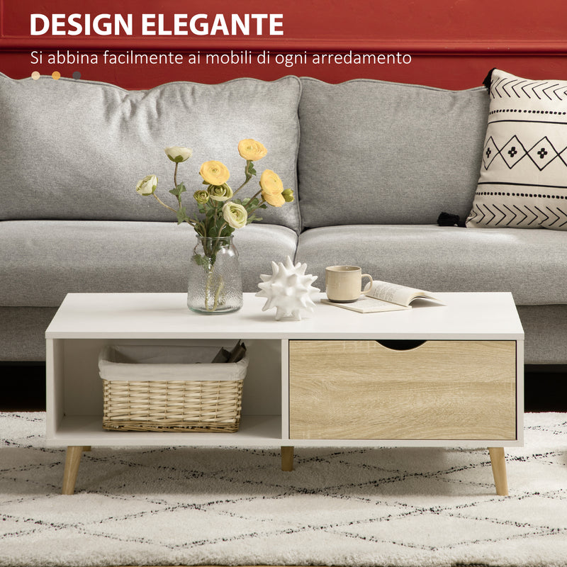 Tavolino da Caffè  106x58x39,5 cm 1 Cassetto e Ripiano in Truciolato Bianco e Legno