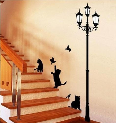 sconto Stickers Décoratifs pour Murs Chats et Lampadaire Sticker Mural Noir