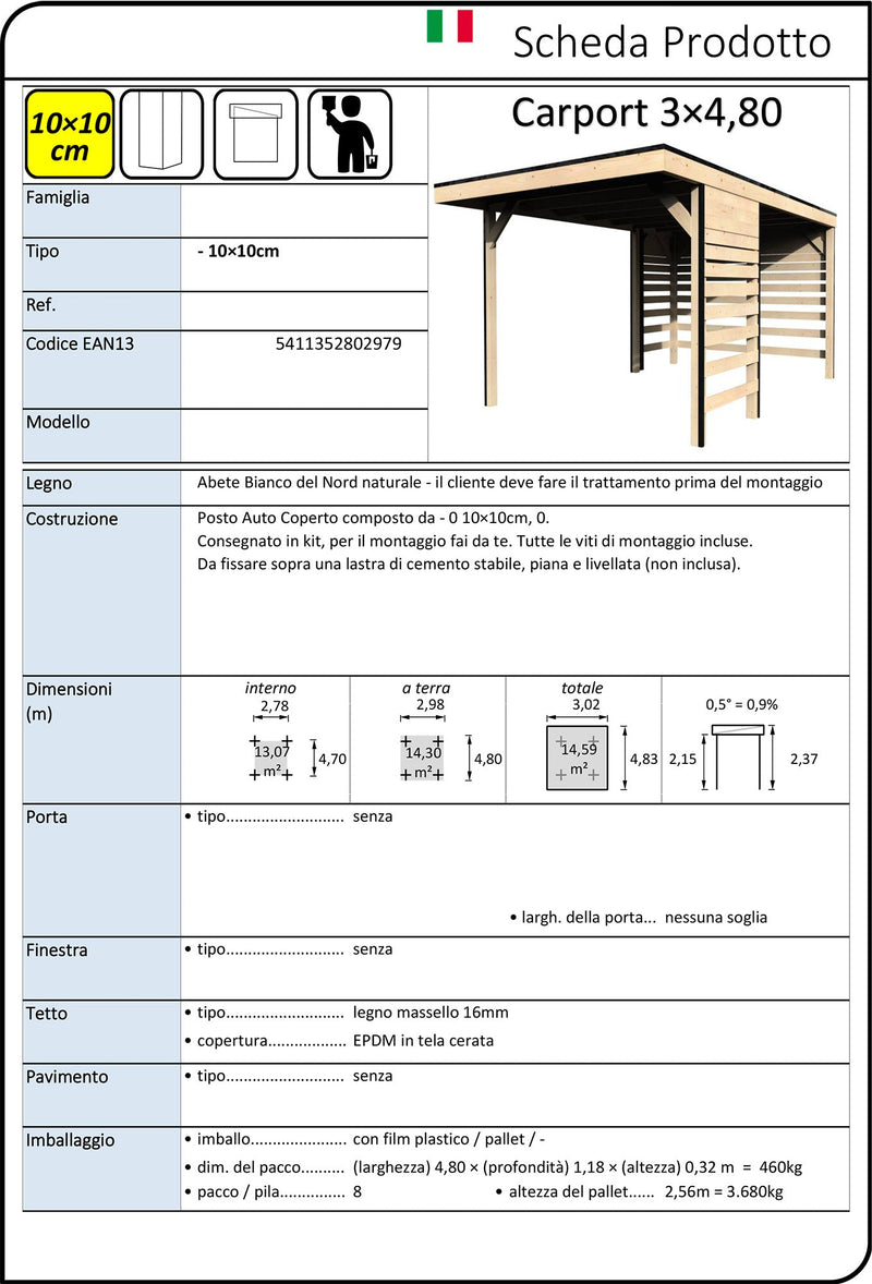 Box Auto Garage da Esterno 3,02x4,38m Senza Pavimento in Legno Abete Carport 